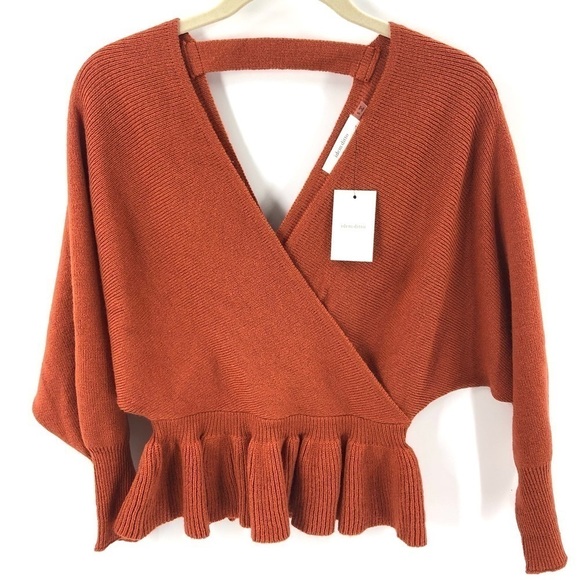 NWT Idem Ditto Rust Batwing Peplum Sweater Ribbed Open Back Top Size Small - Picture 11 of 11